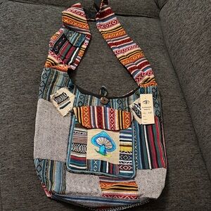 Colorful Patchwork Cotton Emboidered Outside Pocket Mushroom Bag